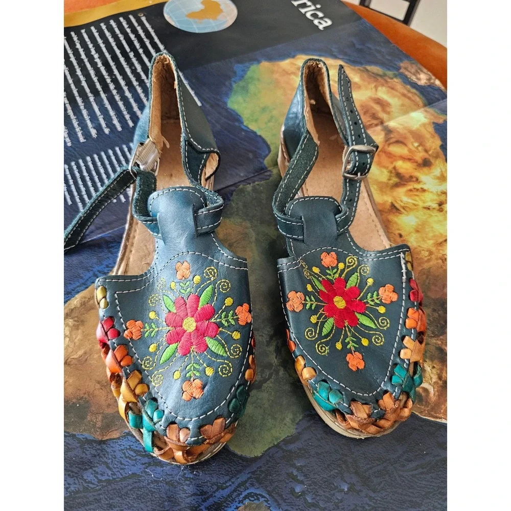 Mexican Huarache Sandals Teal Leather Floral Embroidered Woven Flats Womens 7 38